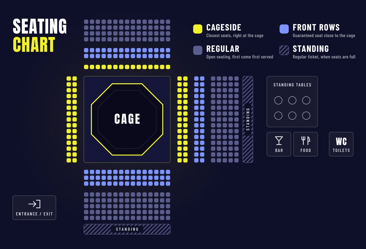 Seating chart Seating chart: Cageside, Front Rows, Regular and standing areas around the cage